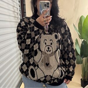 Unisex Black and Tan Argyle Bear Sweater